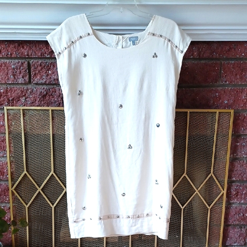 Anthro. Hoss Intropia Cream Linen Blend Lined Dress Smooth Metal Detail W-38/